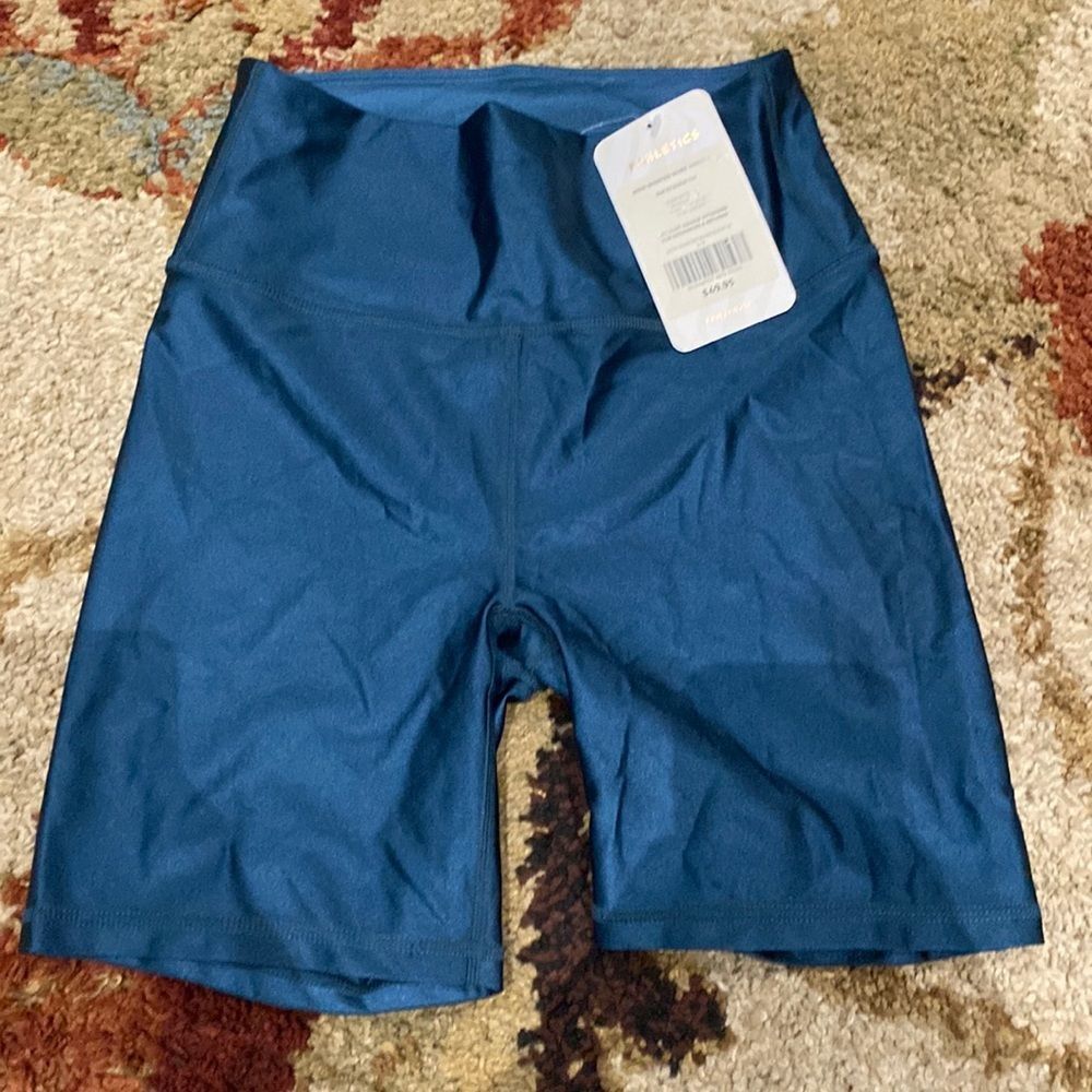 Fabletics High-Waist Athletic Bike Shorts in Teal Blue